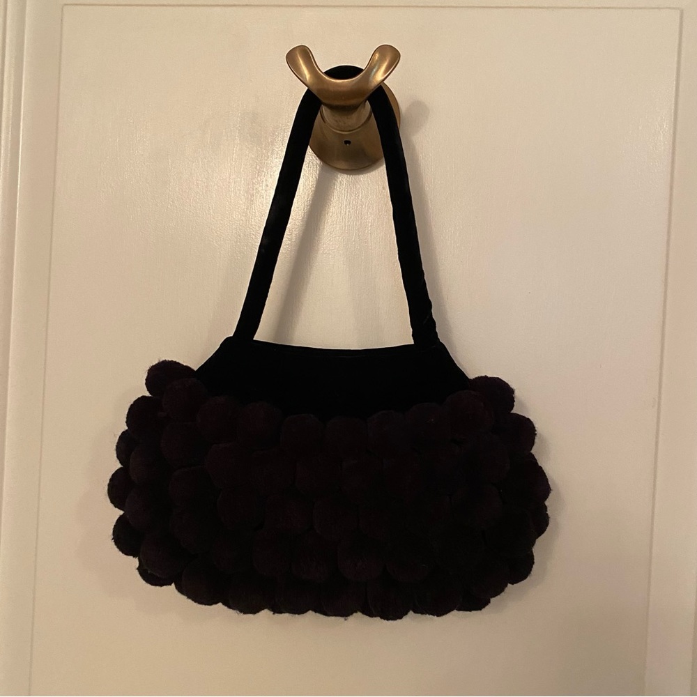 CRAFT LINK MINI BAG BLACK CHENILLE VELOUR POM POMS HANDLE SNAP CLOSE